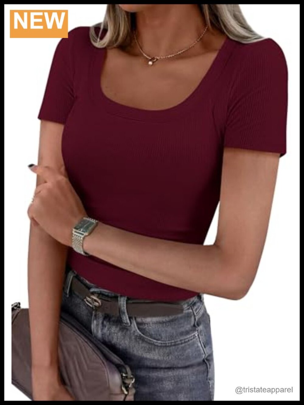 Womens Ribbed Knit Slim Fit Short Sleeve Scoop Neck T-Shirt